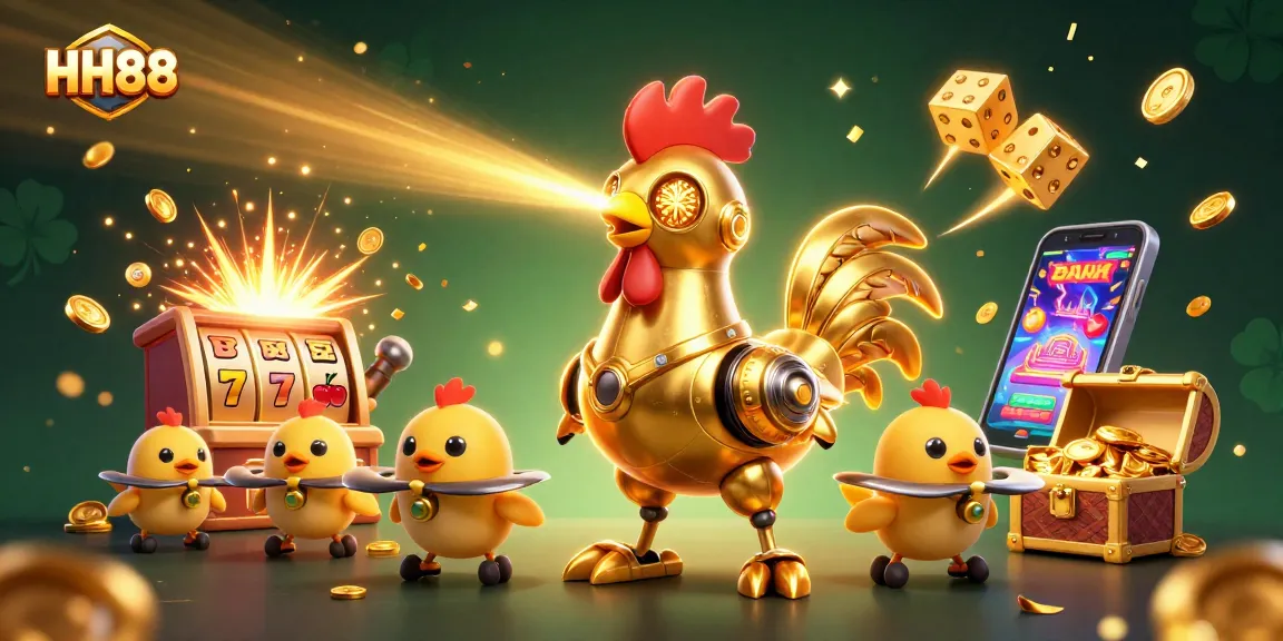 Spin to win at HH88 with a vibrant scene of slot machines, golden treasures, and futuristic characters.