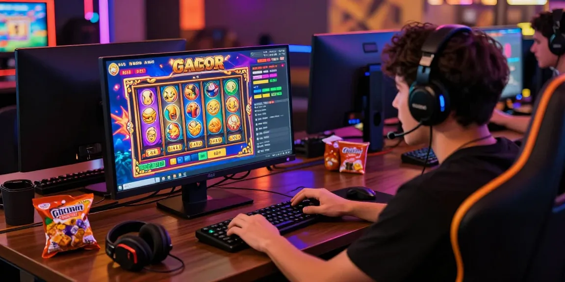 Engaging player experiencing slot gacor excitement on a computer with vibrant game graphics and community support.