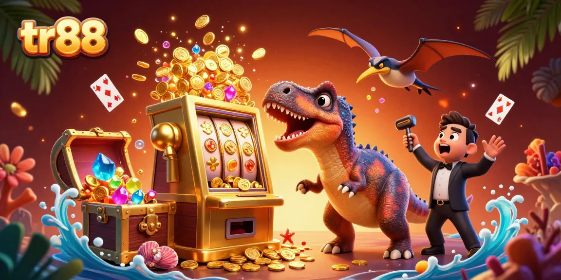 tr88 slots scene with a dinosaur headbutting a jackpot machine amidst falling coins and a casino manager.