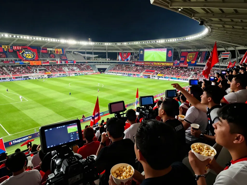 Thapcamtv broadcast live soccer match with enthusiastic fans in stadium