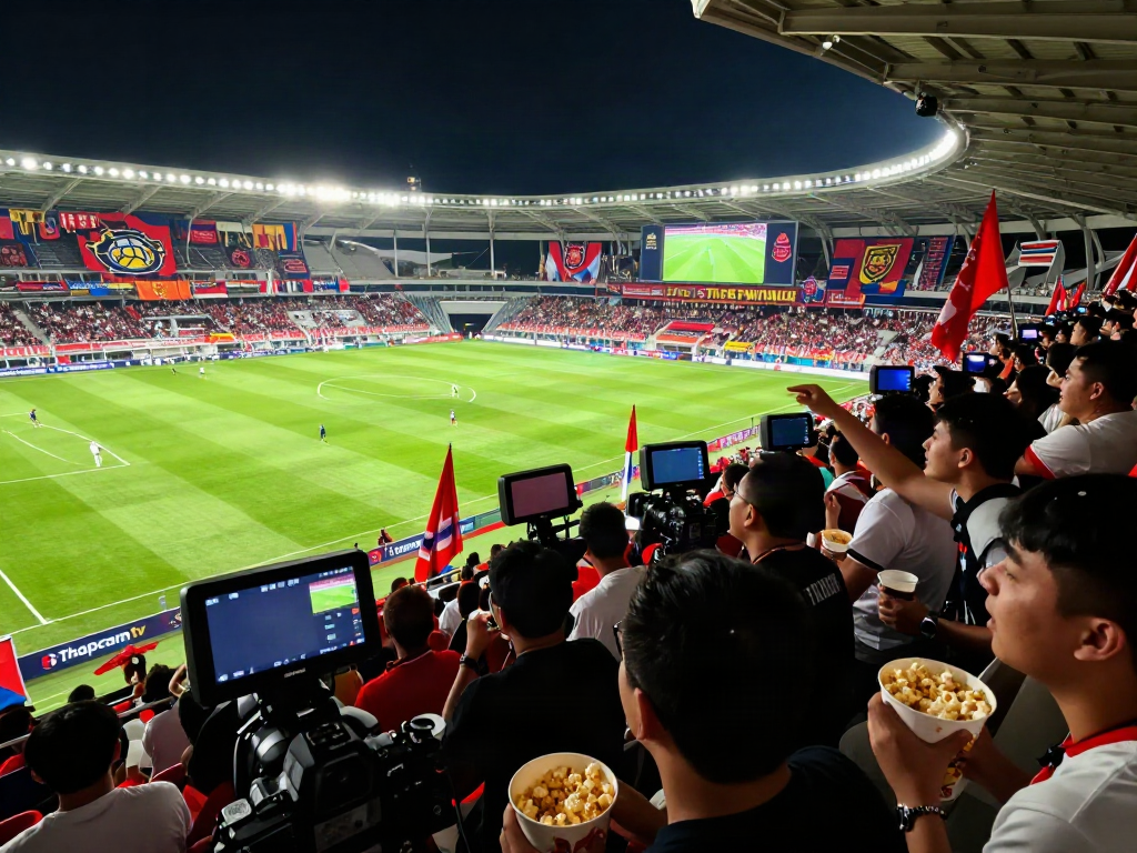 Thapcamtv broadcast live soccer match with enthusiastic fans in stadium