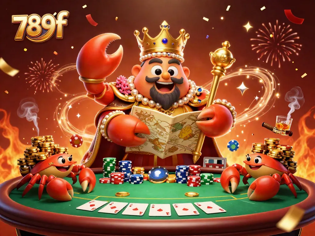 Engage in the excitement of 789f with a rich casino scene featuring a golden crab emperor and poker elements.
