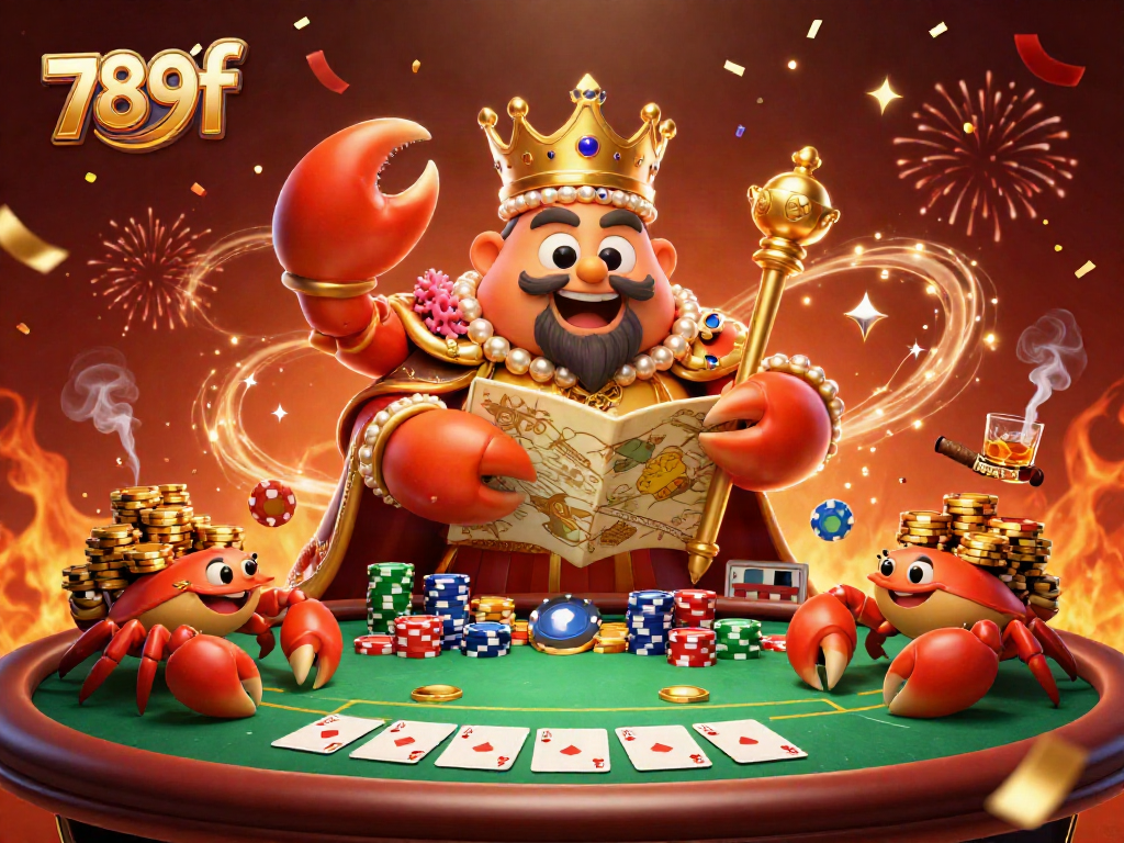 Engage in the excitement of 789f with a rich casino scene featuring a golden crab emperor and poker elements.