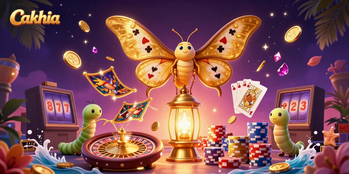 Cakhia showcases a vibrant scene of a butterfly with poker symbols, casino elements, and golden coins.