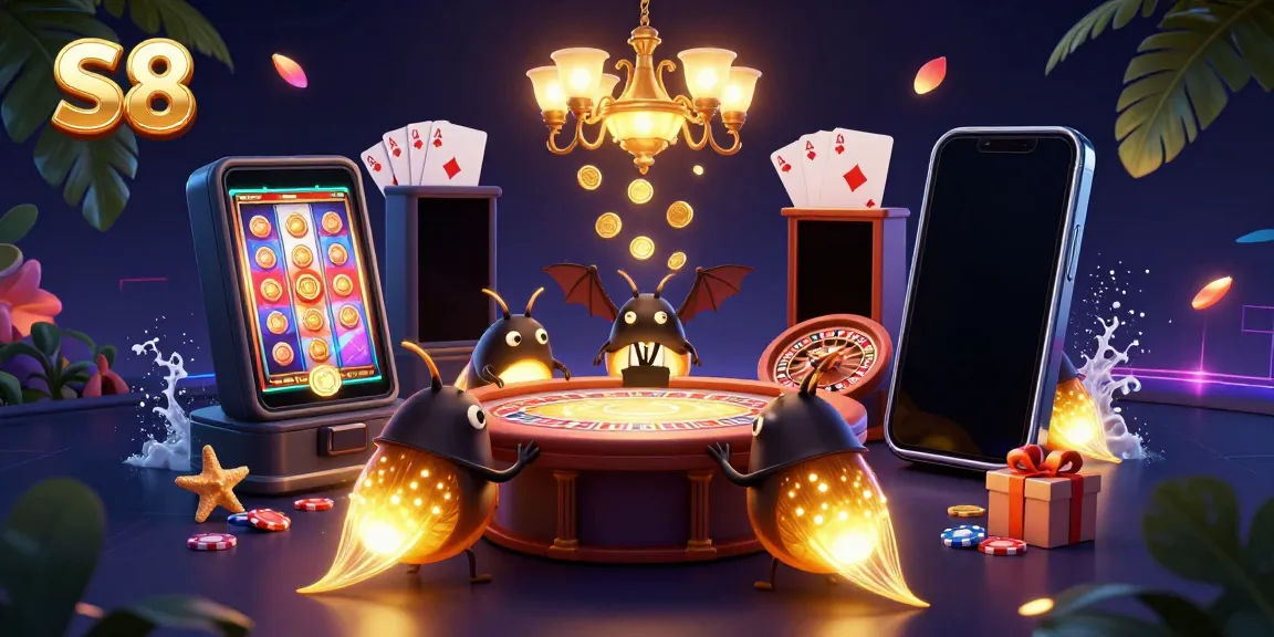 S8 casino experience with glowworms lighting a cave, showcasing slots and gaming elements.
