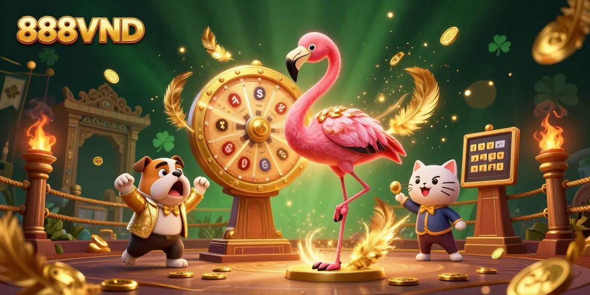 Experience the excitement of 888VND with our vibrant casino-inspired 3D illustration featuring a game show host, contestant, and prizes.