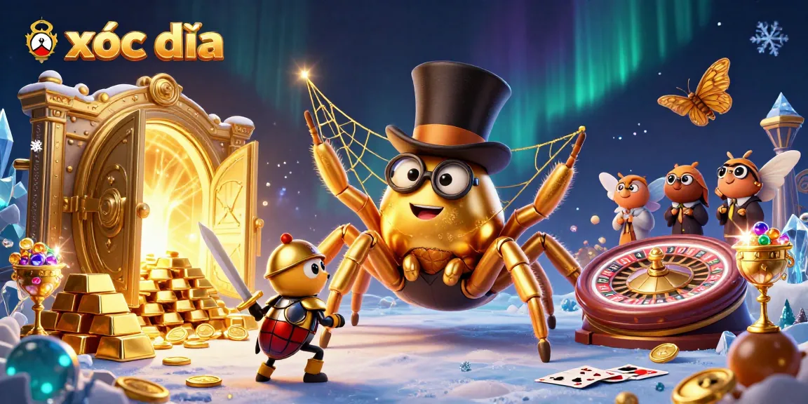Xóc đĩa gaming scene with a giant golden tarantula, beetle knight, and vibrant casino elements.