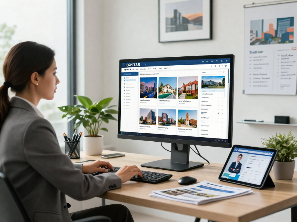 IDXSTAR real estate dashboard presentation in a modern office with a professional agent.