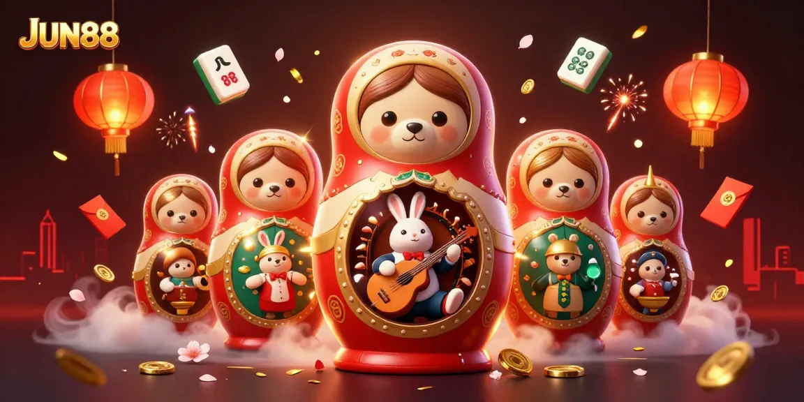 Join the excitement at JUN88 with a colorful 3D casino scene featuring lively bears and traditional elements.