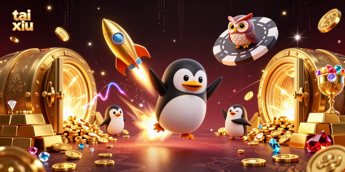 Experience the thrill of tai xiu with golden coins and treasures in a vibrant casino-themed illustration.