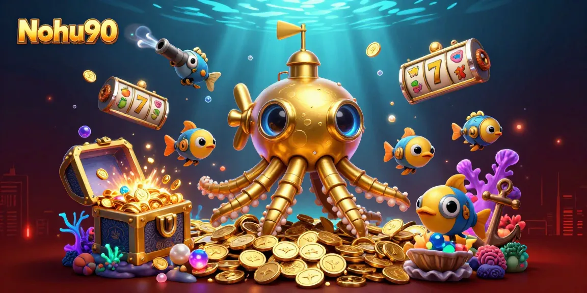 Nohu90 showcases a vibrant casino scene featuring a golden kraken submarine amidst golden coins and slot game elements.