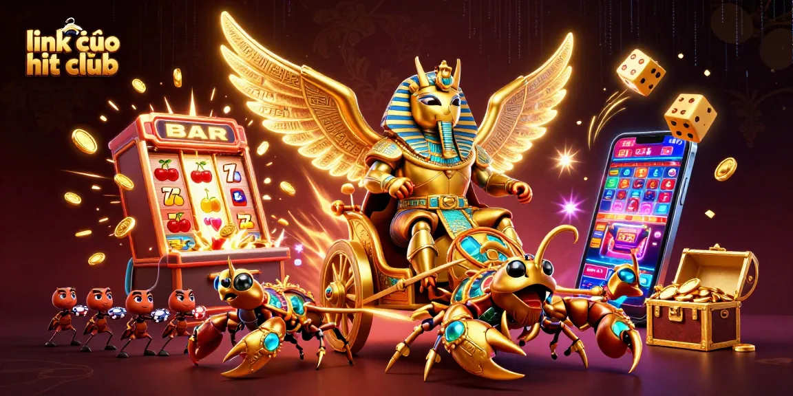 Join the excitement at link vào hit club with our colorful casino-themed illustration, featuring a golden scarab beetle and thrilling slot machines.