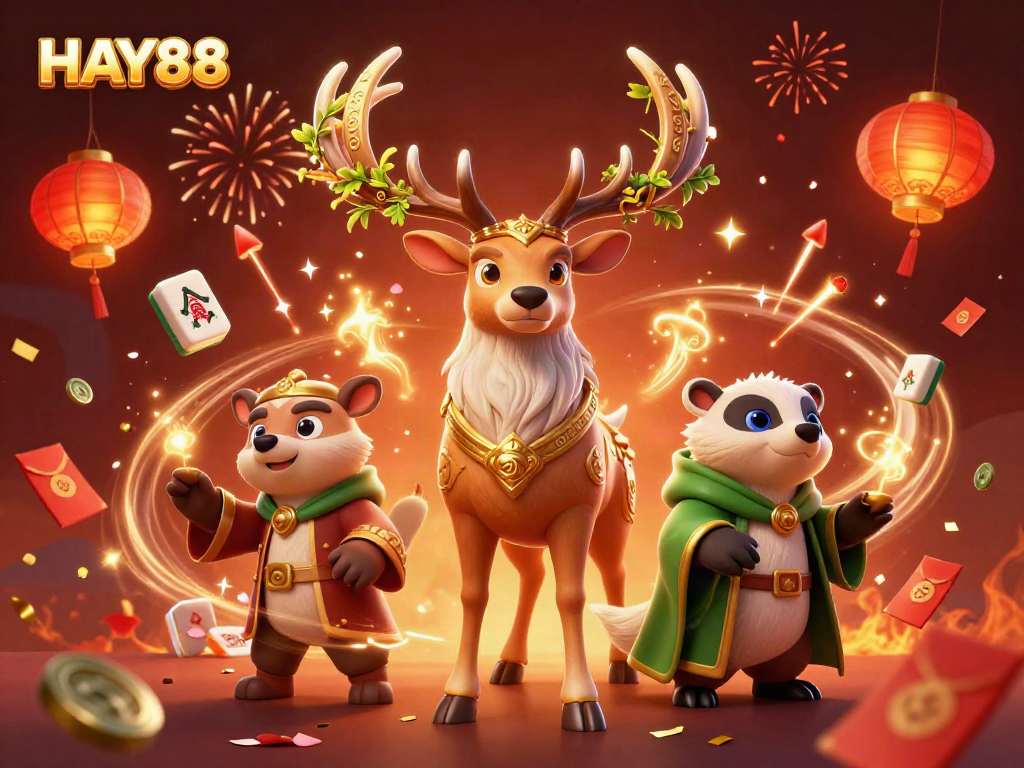 Celebrate with HAY88's vibrant, dynamic casino illustration showcasing rich fantasy and game elements.