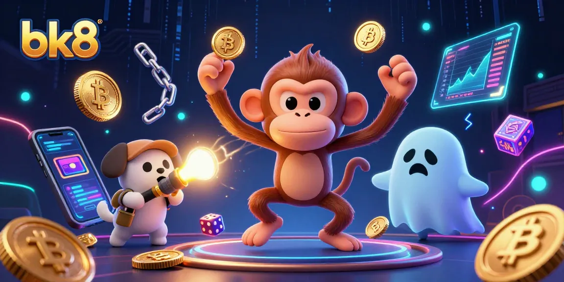 Engage with the energetic scene of bk8, where a mischievous monkey juggles golden casino tokens.