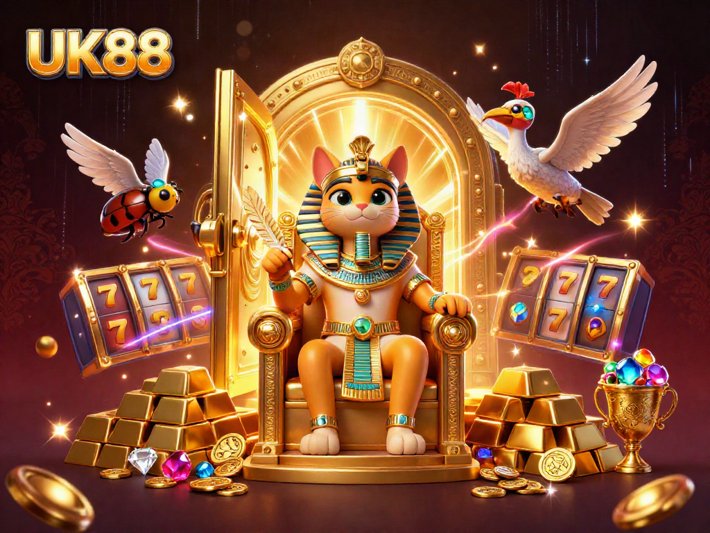 Engage in thrilling gameplay at UK88 with a vibrant, illustrated casino scene featuring treasures and characters.