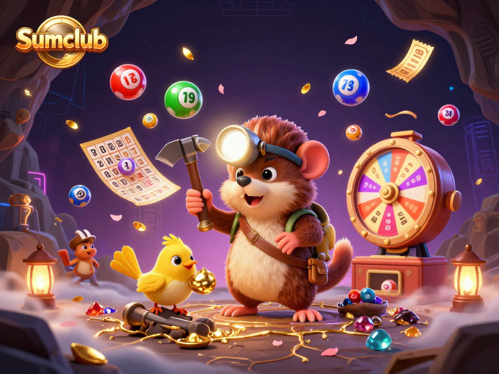 Sumclub offers a vibrant 3D illustration of a treasure hunter mole surrounded by colorful lottery elements, showcasing excitement.