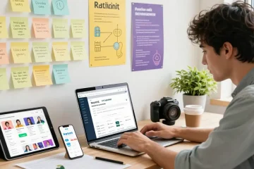 Membuat GEGESLOT di Heylink.me dengan profesional muda di ruang kerja digital yang cerah.